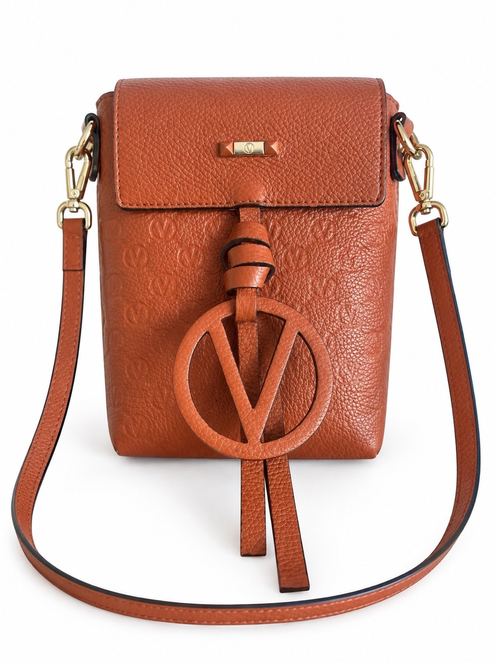 Valentino By Mario Valentino Cognac Leather Crossbody Phone Bag with Logo Charm